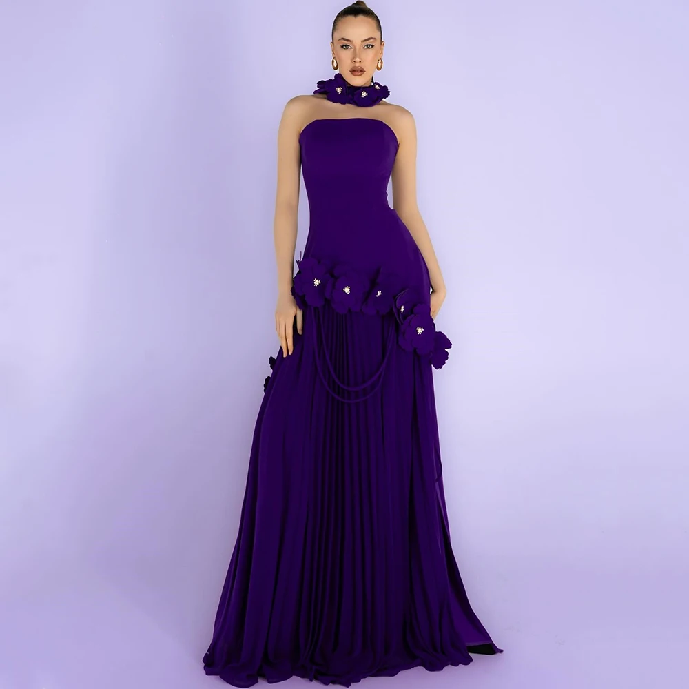 

Dream Strapless Purple A-Line Evening Dress with 3D Flower Women Customized Draped Floor Length Sexy Backless Prom Gown New