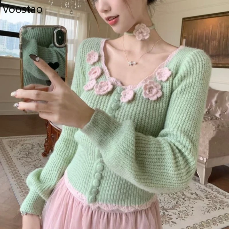 

Милый вязаный кардиган в корейском стиле, осенний женский элегантный свитер с круглым вырезом и розовым цветком, свитер с длинными рукавами, женские шикарные трикотажные топы