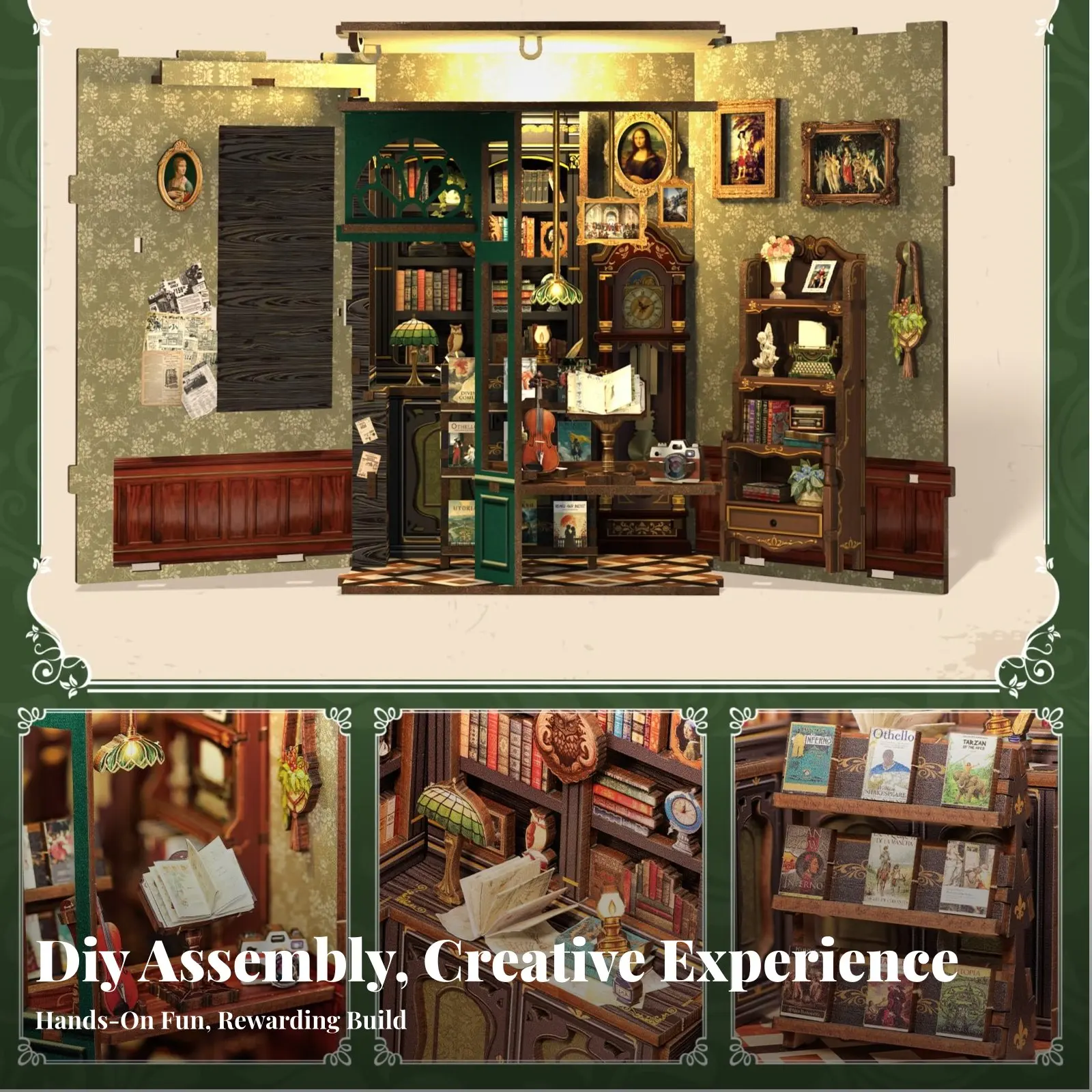 

DIY Book Nook Kit Debris Resistant Cover Miniature Library Scene Lighted Miniature House Model Intricate Elaboration Dimensional
