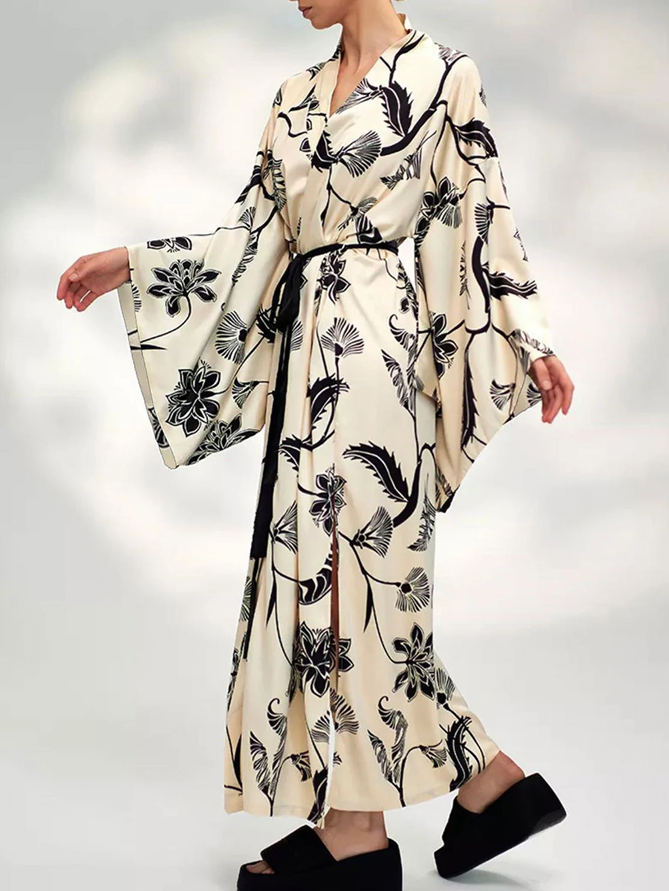 レディース フルプリント レースアップ 長袖 Vネック Aライン ワンピース 秋 ファッション バケーション ロングドレス