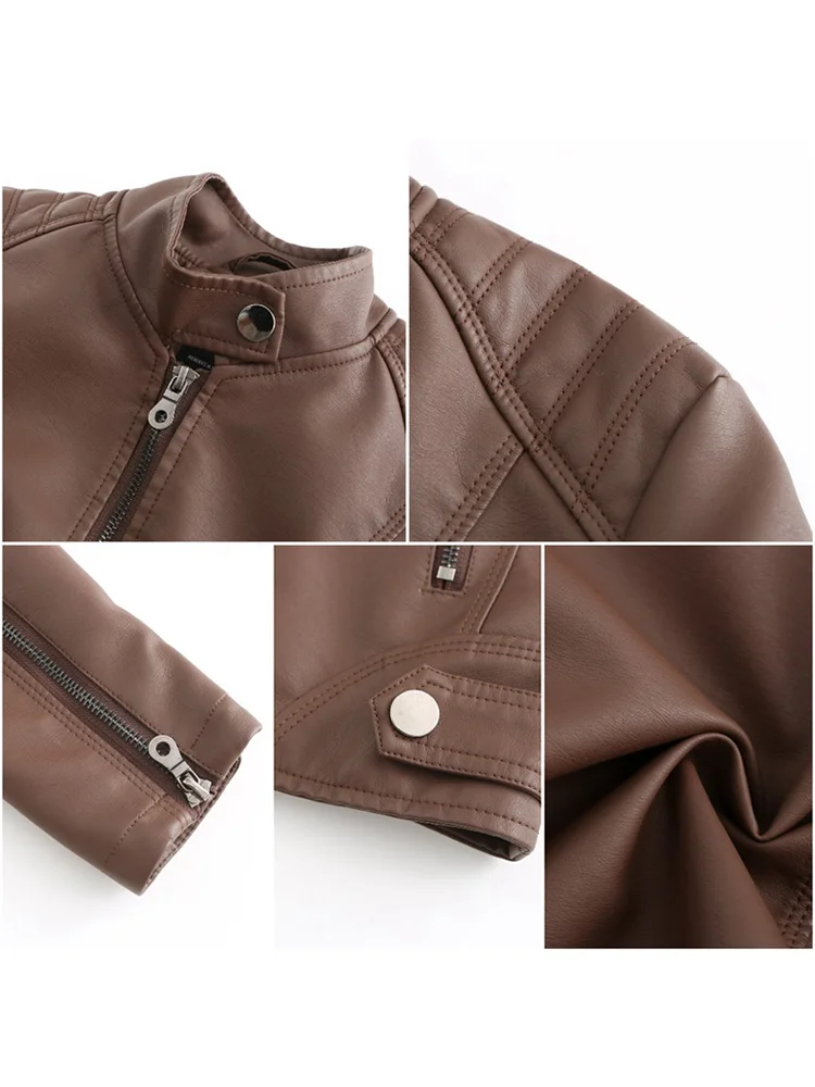 Spring And Autumn Thin Leather Women\'s Slim Jacket Jacket Ladies Motorcycle Wear Large Size Stand-up Collar Leather Jacket