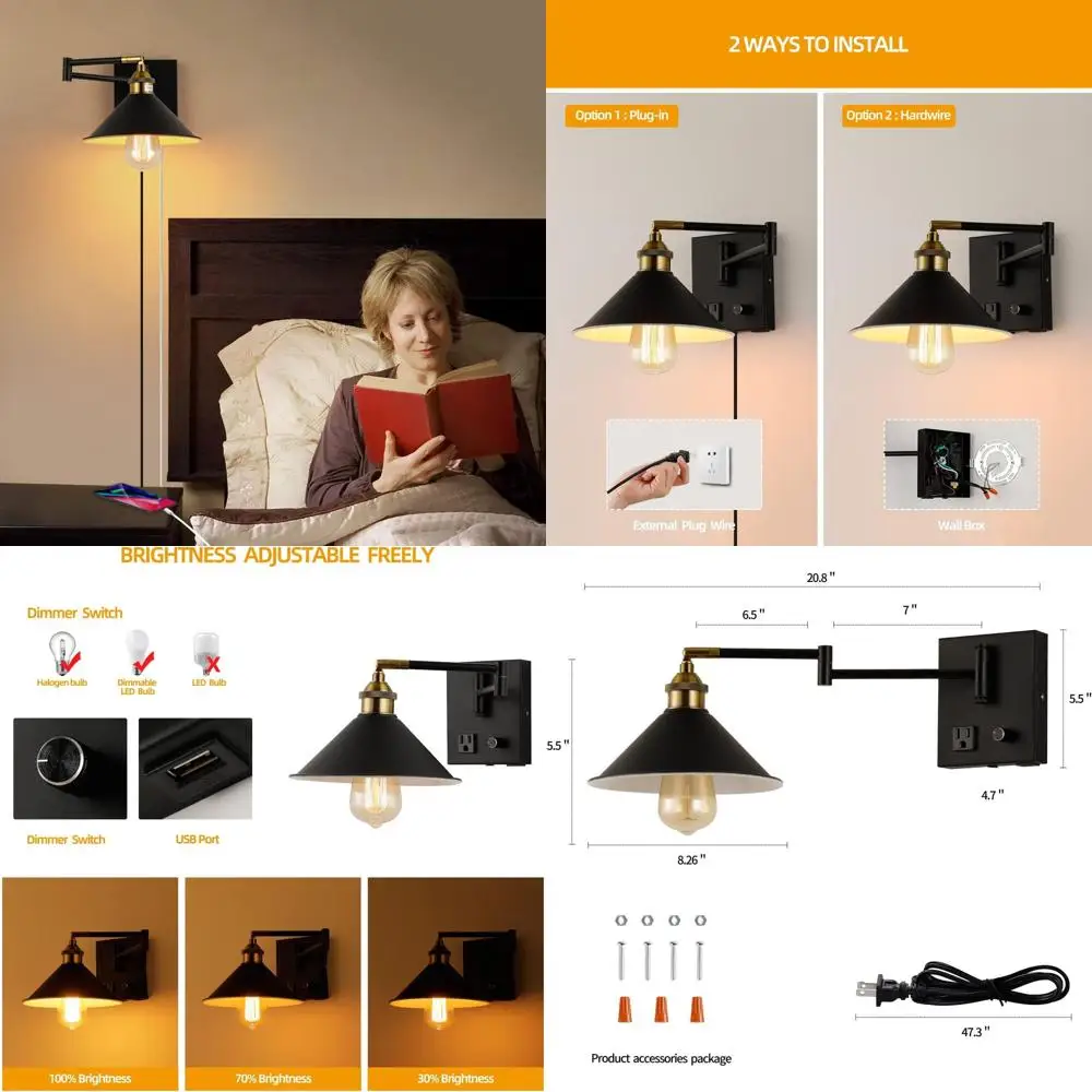 

Dimmable Swing Arm Wall Sconce with USB & Outlet, Black Metal Shade Lamp for Bedrooms, Living Rooms, and Hotels