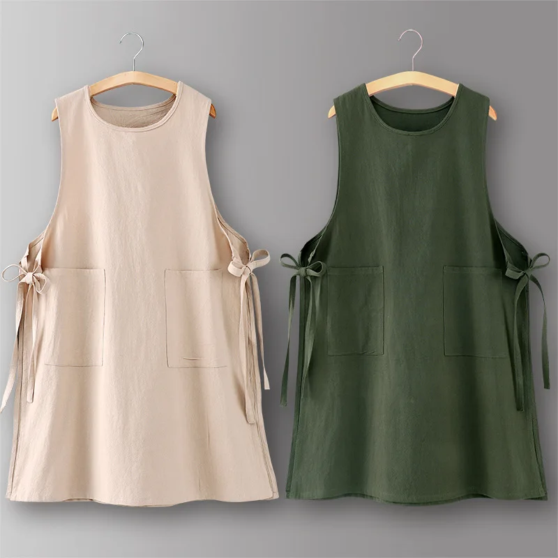 Round Neck Cotton Apron with Side Straps Home Cleaning and Stain Resistant Cover Two Pockets Suitable for Flower Shops