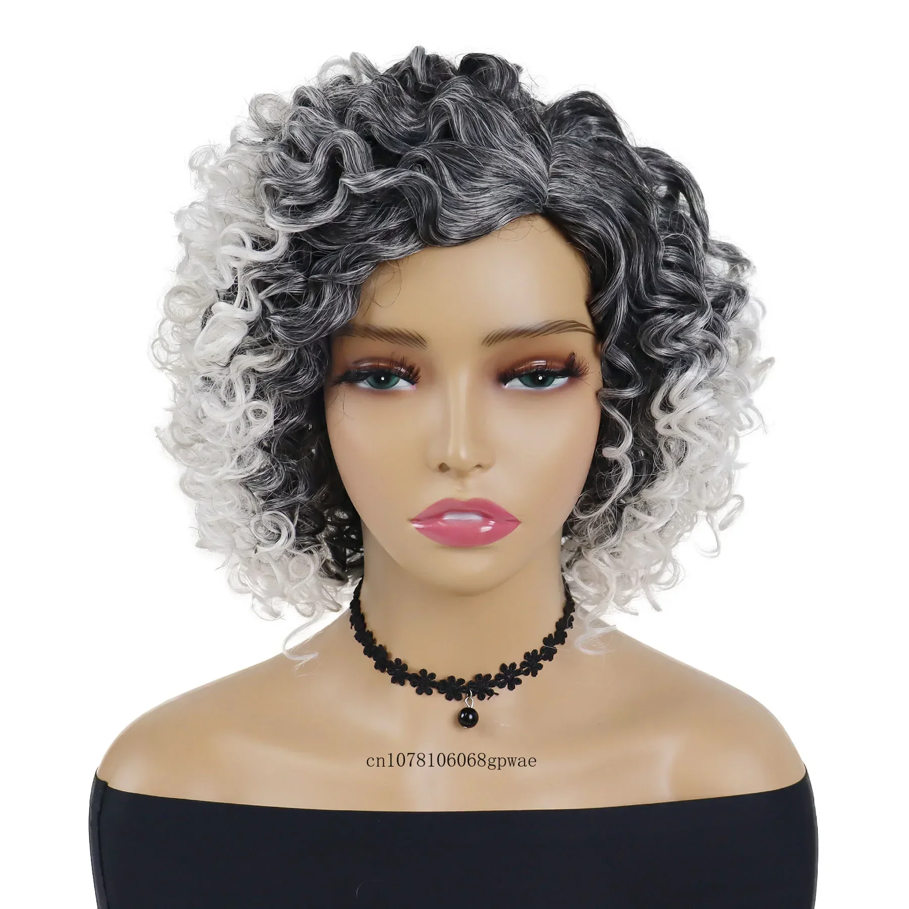 Peluca de pelo sintético para mujer mayor, pelucas Afro grises ombré blancas para mujer, peluca corta rizada hinchable con flequillo, disfraz de Cosplay para fiesta diaria