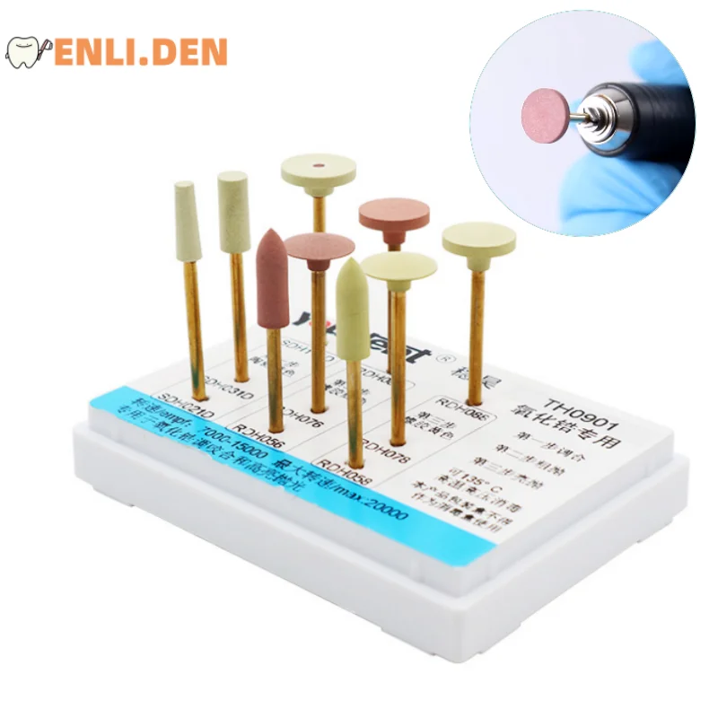 9pcs/set Dental Zirconia Grinding and Polishing Kit Rubber Diamond Polisher HP2.35mm Diamond Burs For Zirconia Restoration