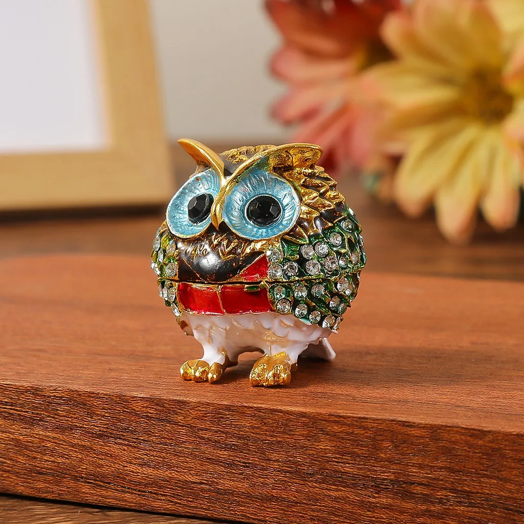 Decorative Table Ornament Luxury Owl Shaped Jewelry Box Mini Jewelry Box Colorful Rhinestone Trinket Box For Home Decor Gift