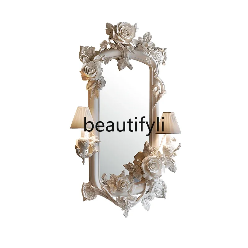 

Original French carved bust mirror European living room fireplace decorative mirror beauty salon makeup mirror with lamp