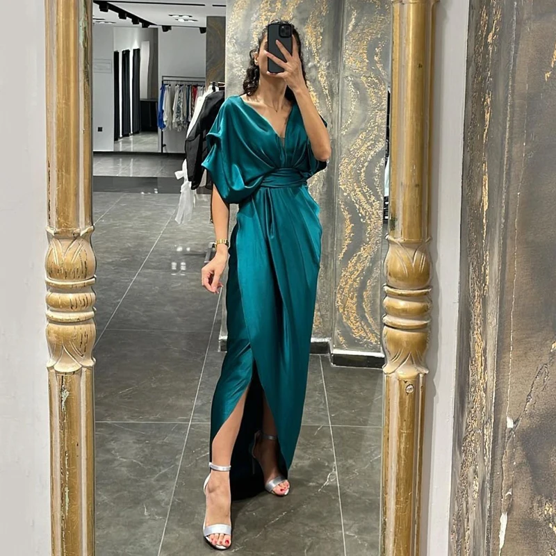 

Thinyfull Sexy Prom Evening Dresses V-neck Short Sleeves Floor Length Party Dress Mermaid Split Night Cocktail Gowns Plus Size