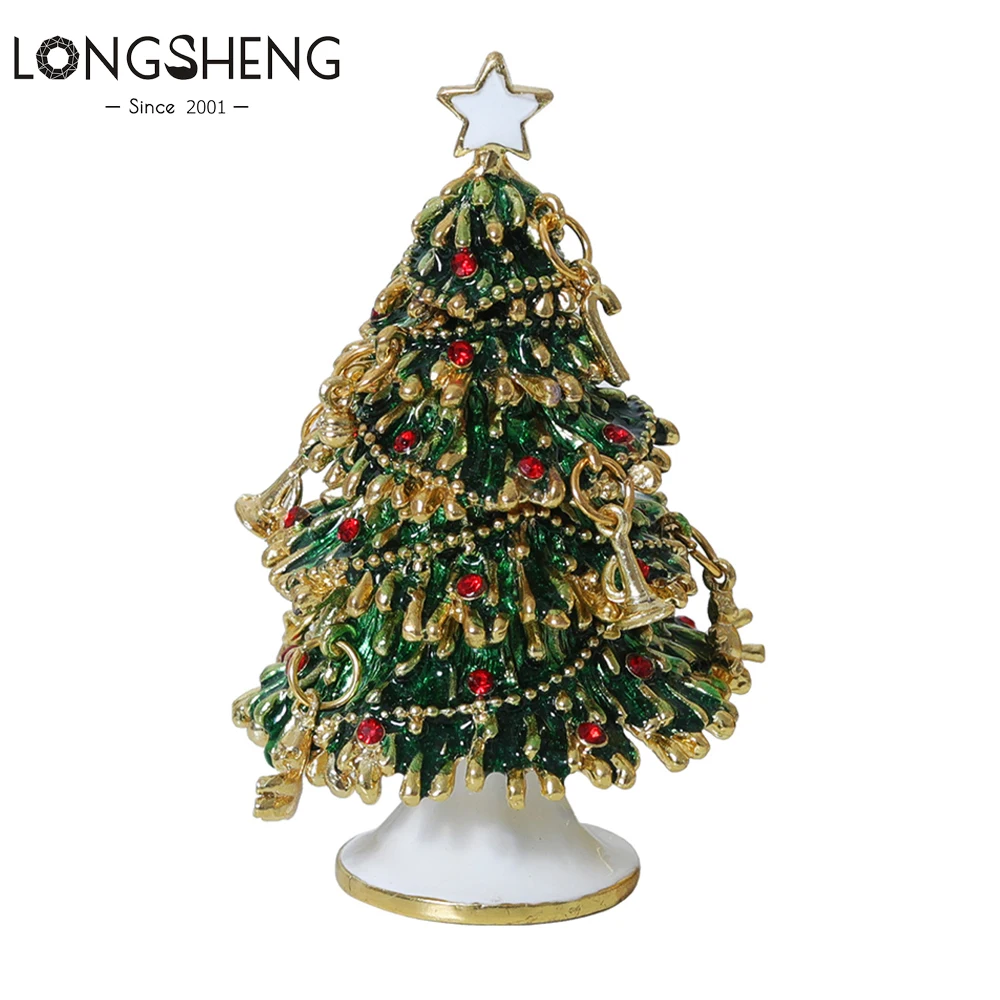 Christmas Tree Jewelry Trinket Box Hand Painted Enameled with Sparkling Rhinestones Hinged Jewelry Organizers Girls Ring Holder