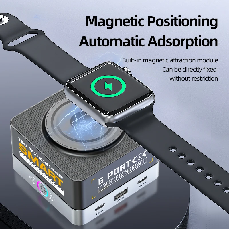 6 Ports Dekstop USB Charger Staion 15W Wireless Charging PD 65W QC3.0 Type C Fast Charger for iPhone Laptop Phone Tablet