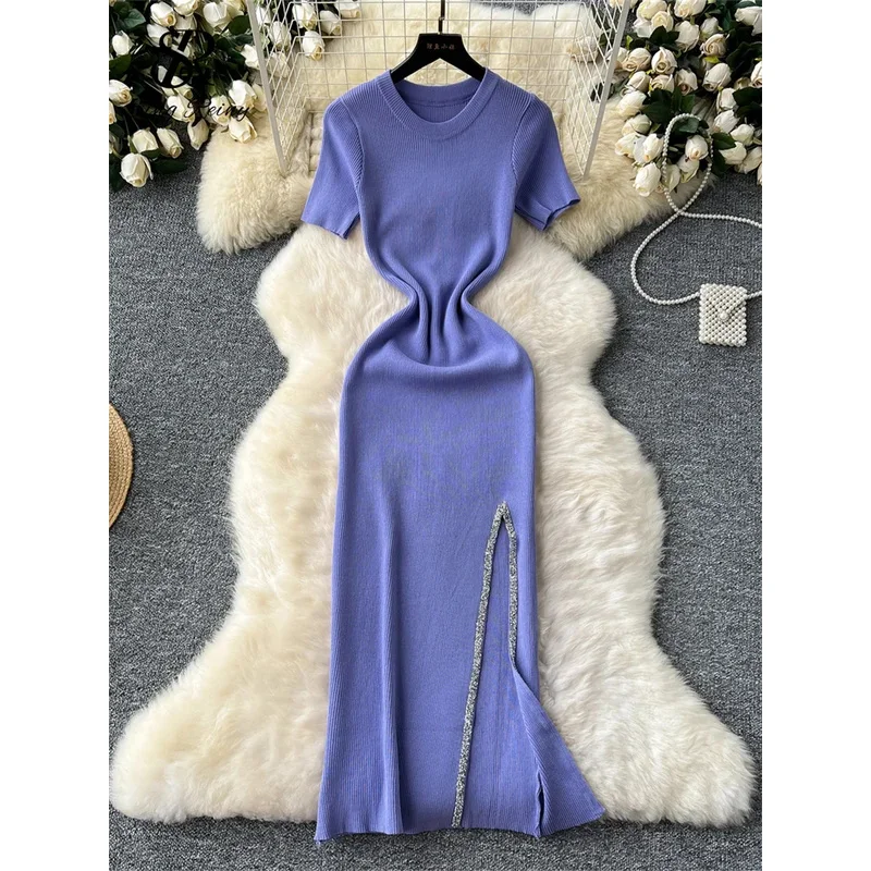 시니어 럭셔리 슬림 드레스 여성용 O넥 바디콘 시퀸 스플릿 시크 디자인 여름 패션 니트 여성 섹시 미디 드레스