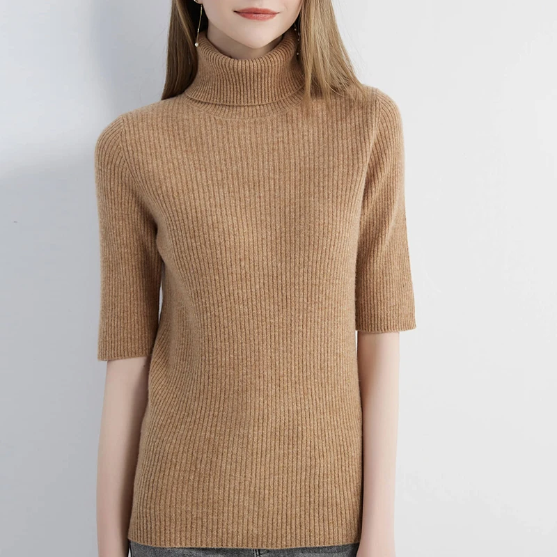 Sweater for Women Knitwears Turtleneck Tops 100% Wool Short Sleeve Pullover 2023 Spring Cashmere Knit Clothes Korean Fashion y2k