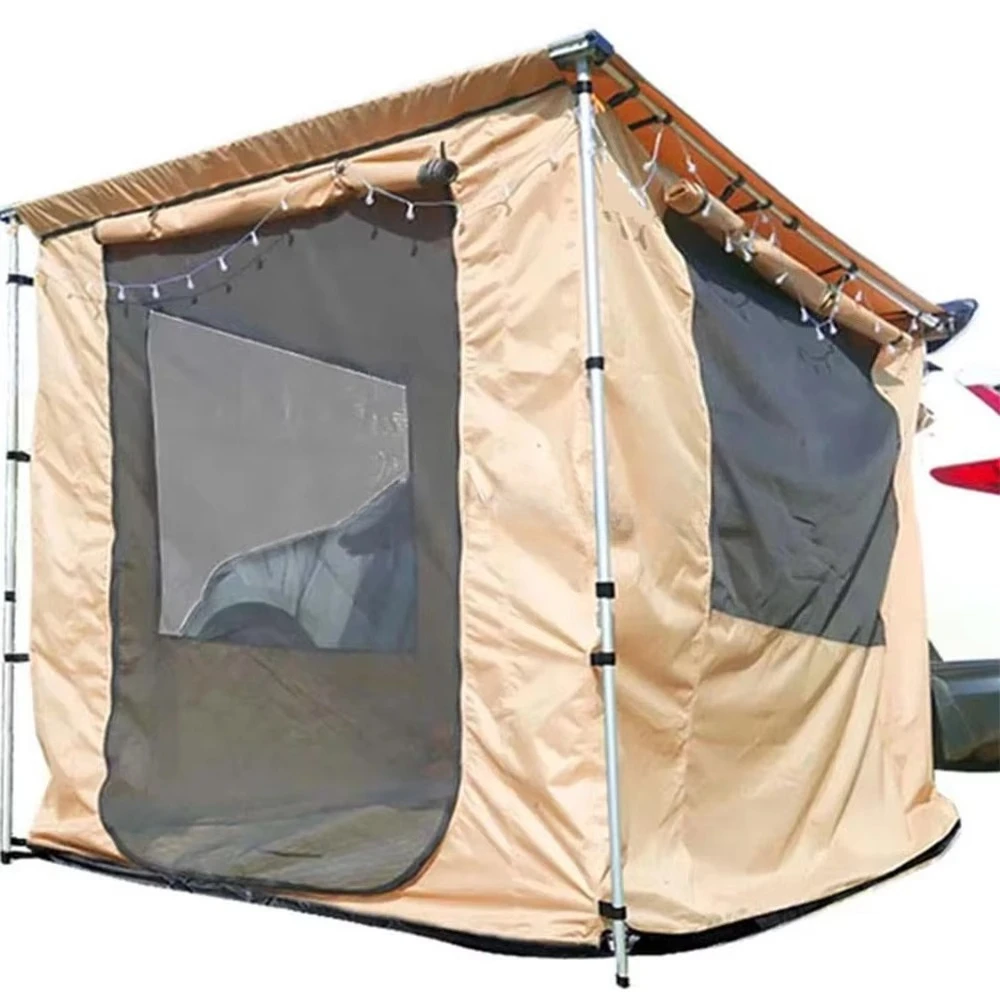 

Camping Khaki Color 2*2m Curtains Zip Fastener Led Lights Retractable Side Awning Tent for Car Outdoor with Side Wallscustom
