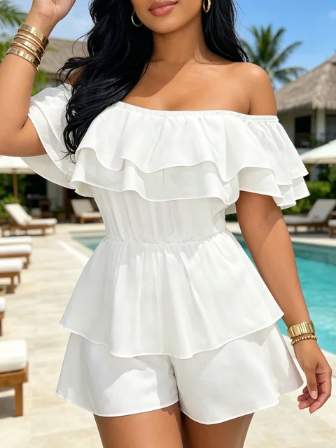 Women's White Off Shoulder Ruffle Romper - Sweet Layered Ruffle Sleeve High Waist Tiered Mini Jumpsuit for Beach Vacation&casual