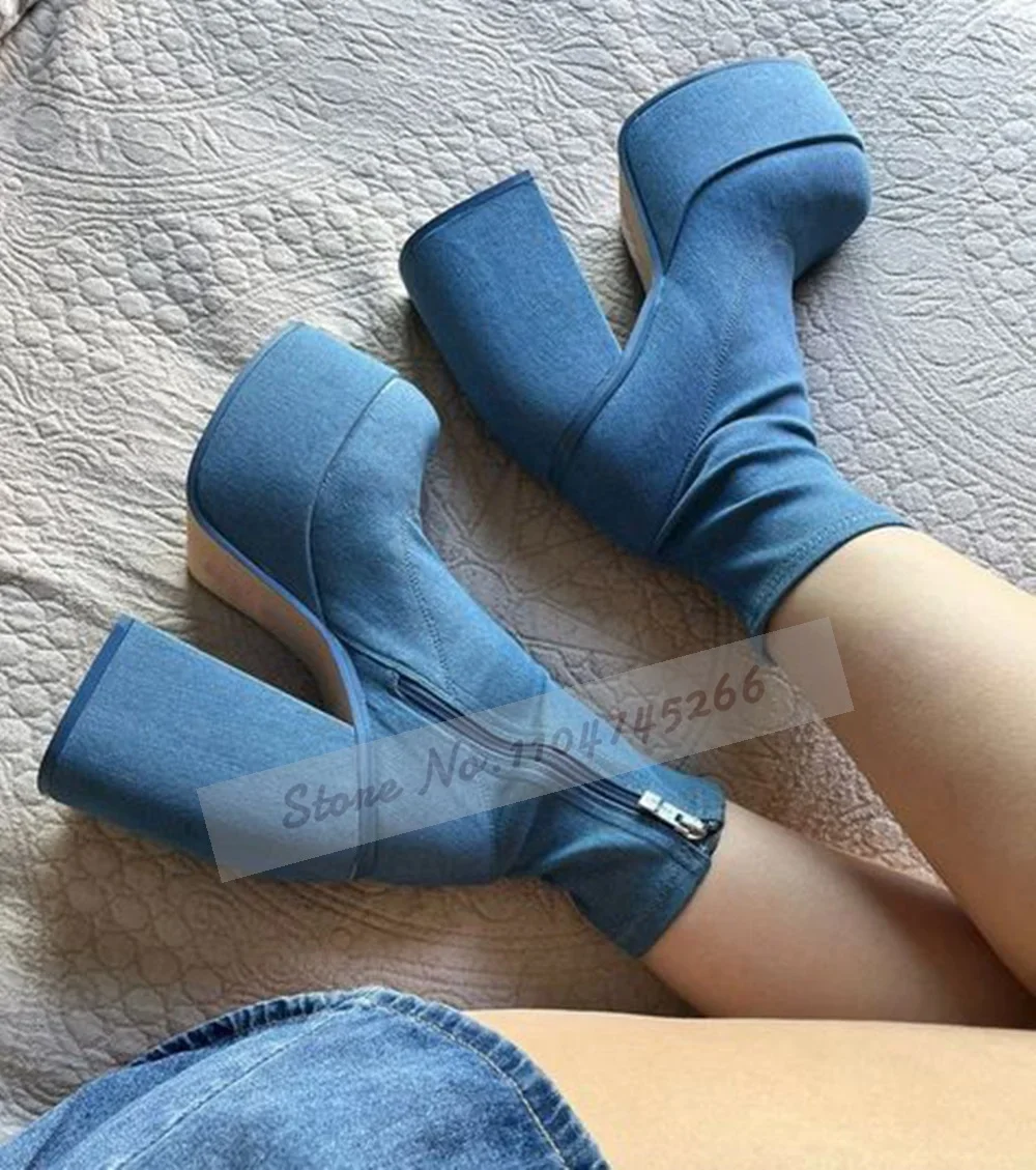

Blue Denim Big Square Chunky Heel Ankle Boots High Platform Jeans Short Booties Zipped Banquet Shoes