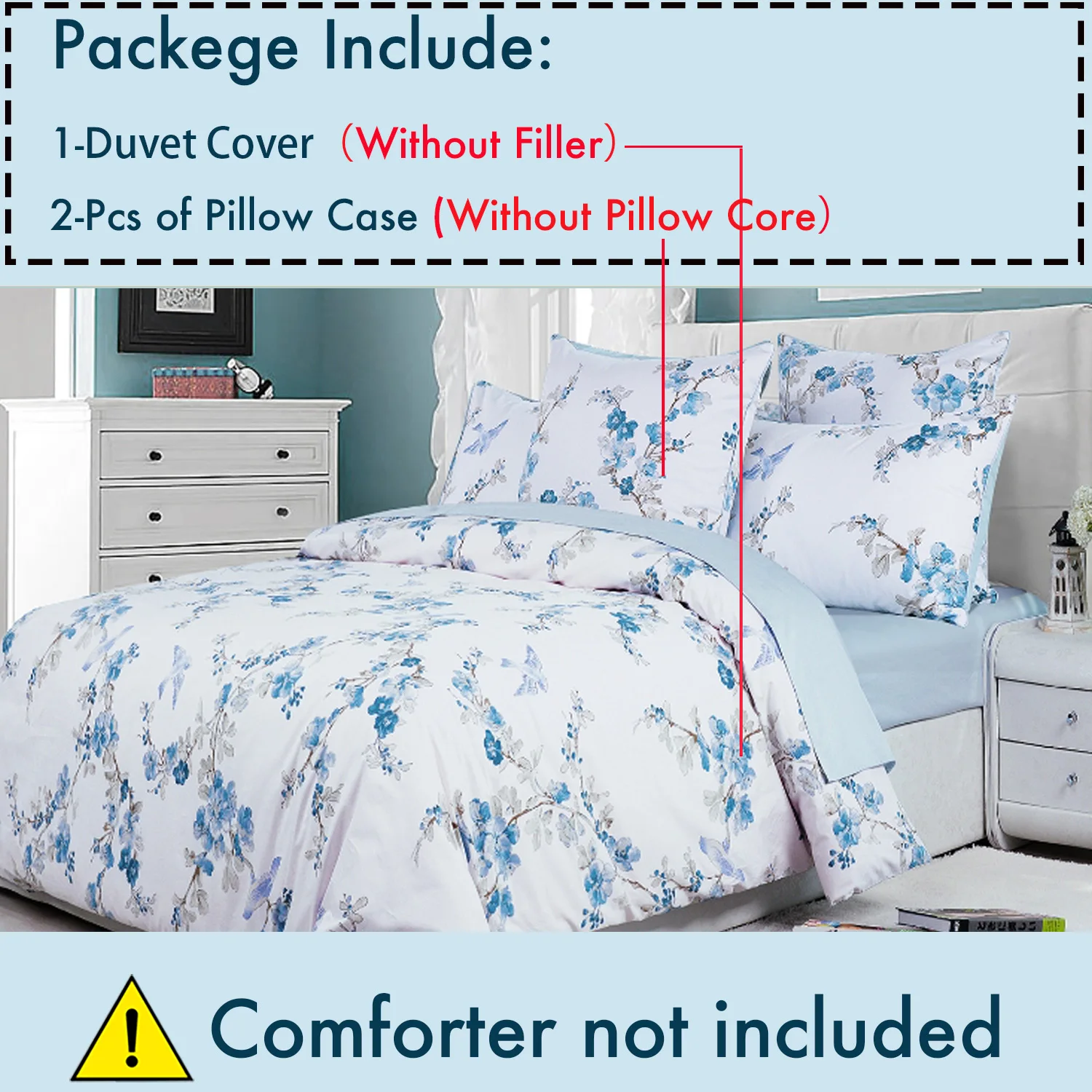 3pcs 600 TC 100% Egyptian Cotton Duvet Cover Set (Without Core), Blue Watercolor Floral, Soft Breathable & Skin-friendly