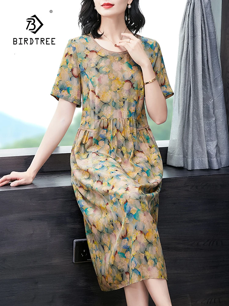 

BirdTree, 100%Real Silk Eleagnt Dresses, Women Short Sleeve Printed, Loose Retro Versatile Mom Dress, 2024 Summer New D44834QC