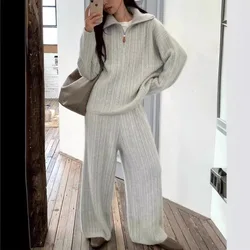 Autumn Winter 2 Pieces Women Sets Knitted Tracksuit Turtleneck Sweater and Straight Jogging Pants Suits E1698