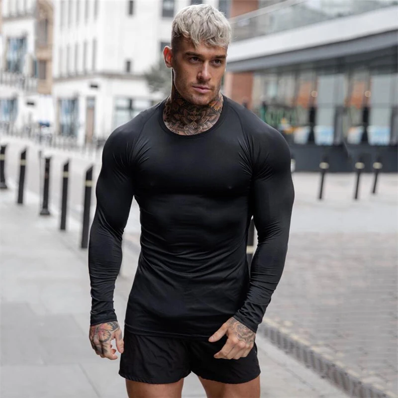 Plain Compression Autumn Long Sleeve Shirts Mens Sport Undershirts Tight Base Layer Tops Rash Guard Workout Running Gym Clothing