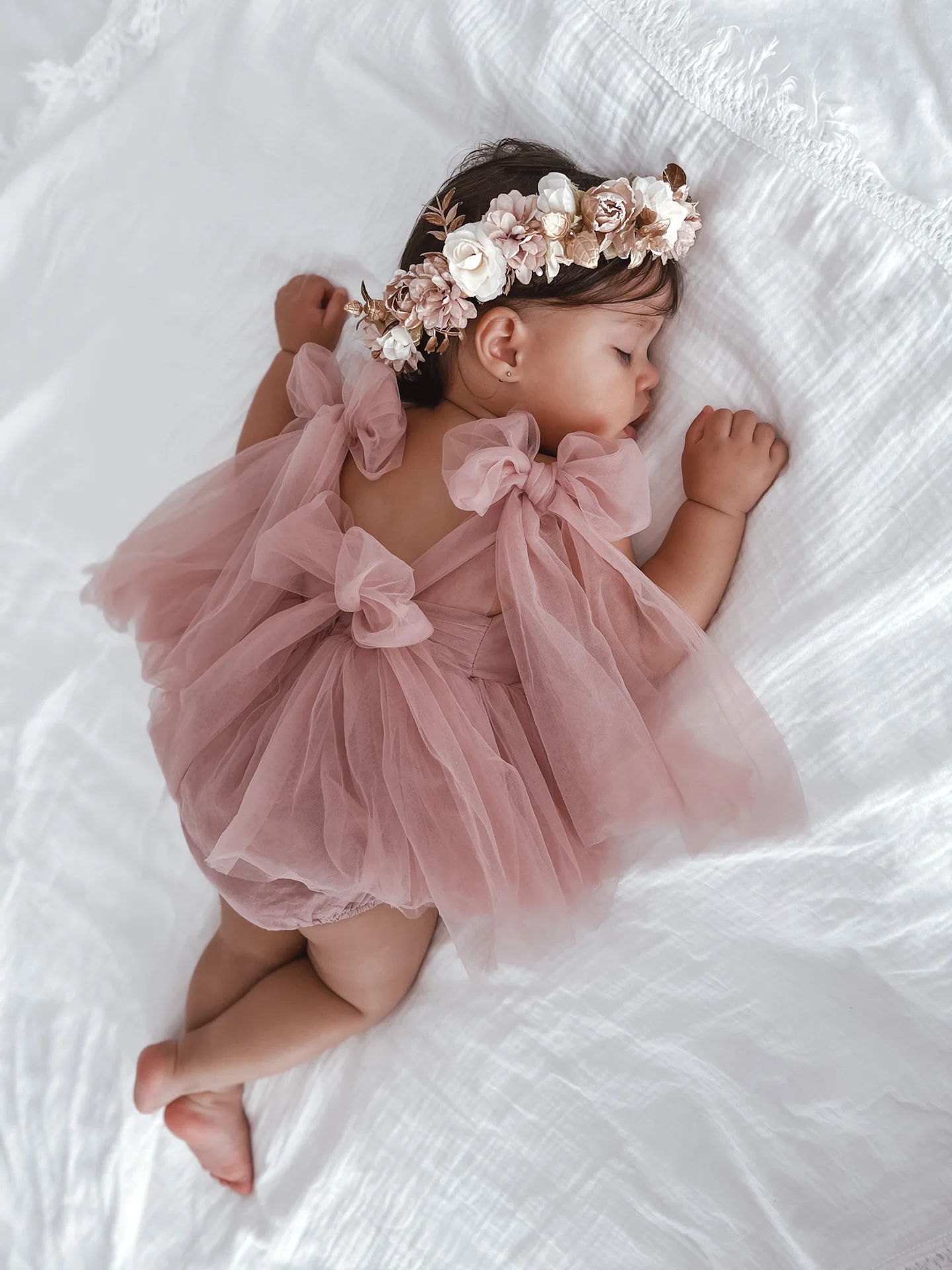 First Birthday Dress Straps Bow Flower Girl Tutu Dress Blush Pink White Baby Gauze Jumpsuit