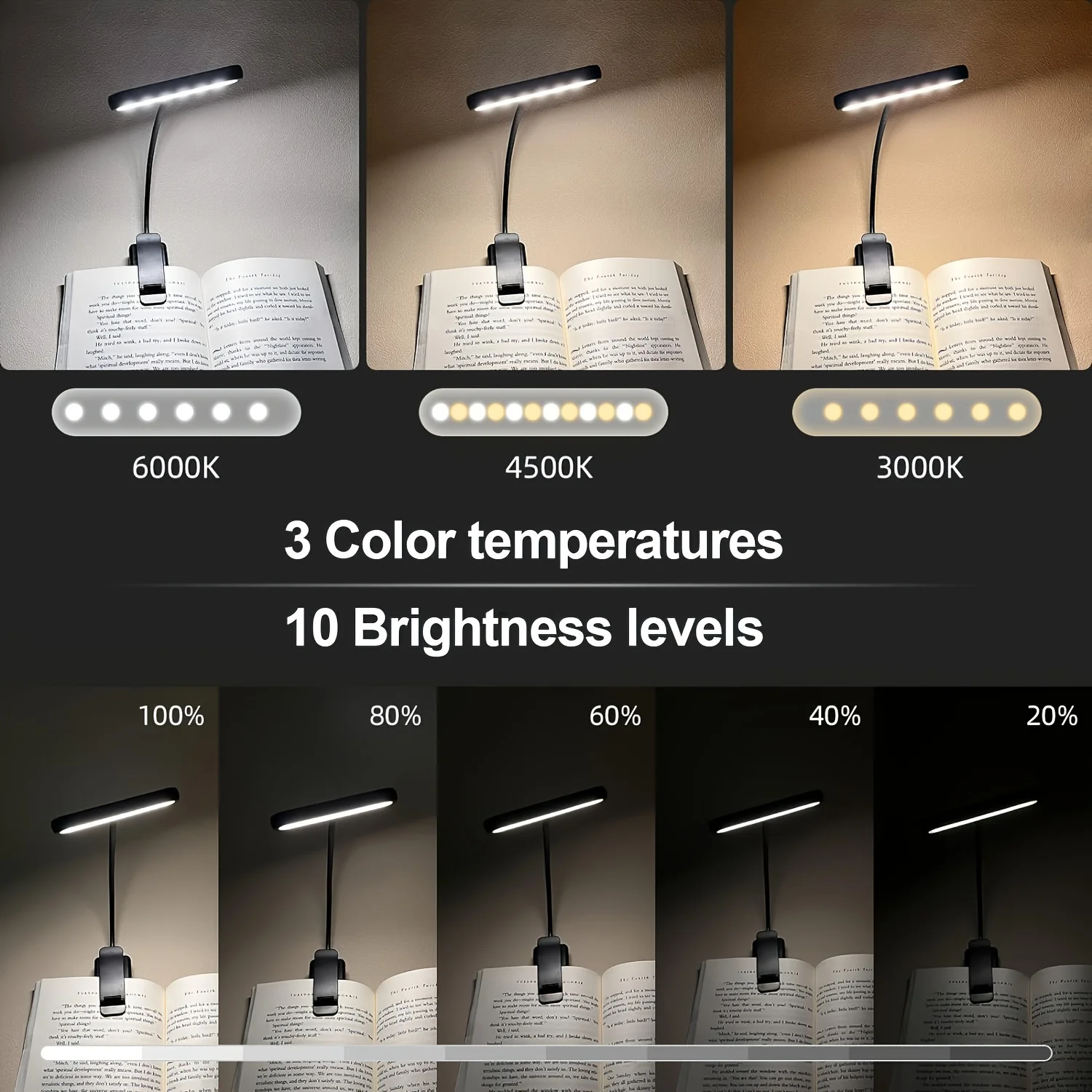 USB قابلة للشحن LED القراءة مصباح كتاب المشبك القراءة الخفيفة 3 درجات حرارة اللون للعمل القراءة طالب عنبر ضوء الليل