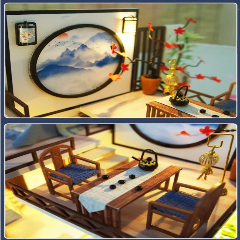 OUZEY Ink Bamboo Scholar Studio, drewniany model 3D do samodzielnego montażu, chińska architektura zen dla nastolatków