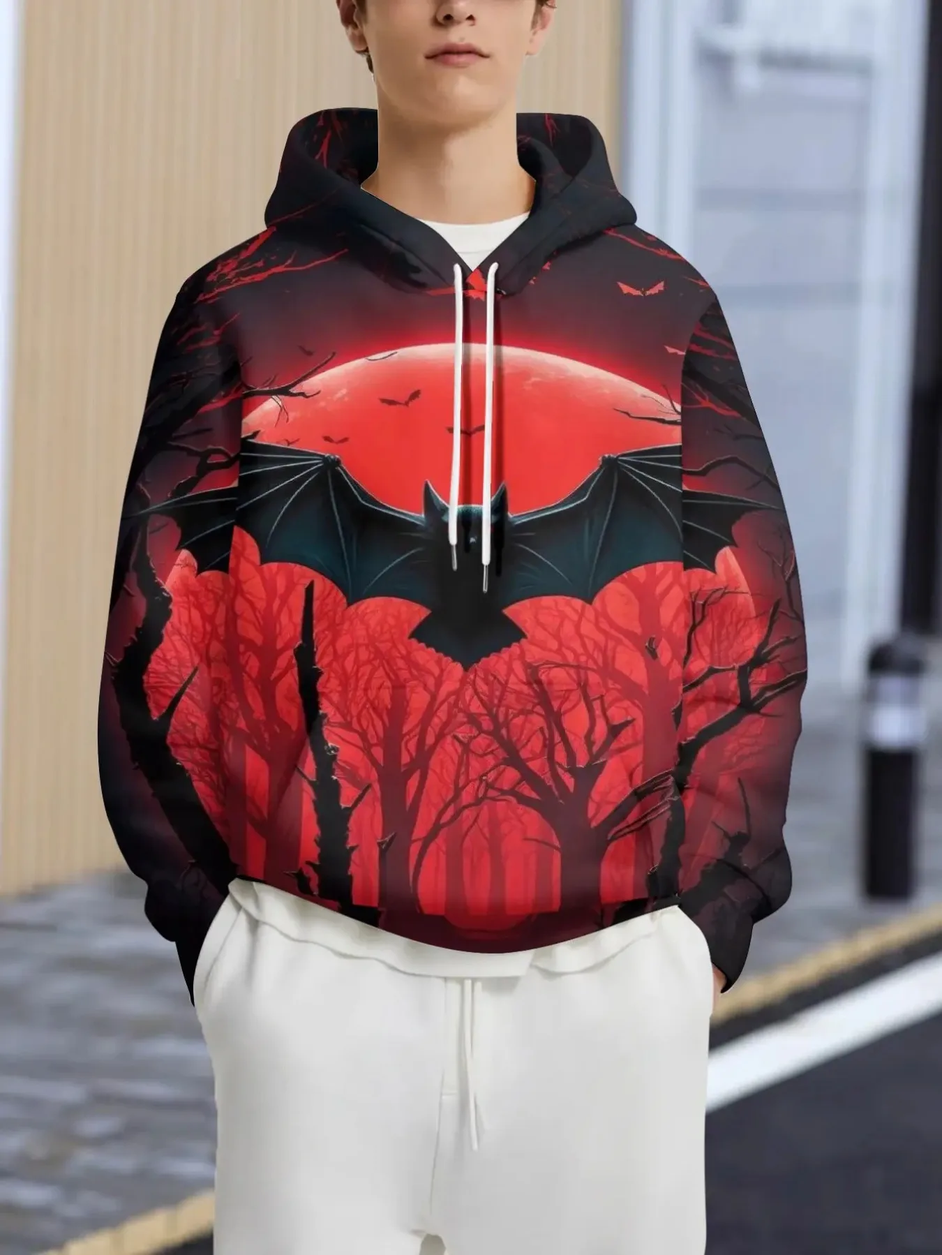 Halloween Spooky Men Hoodie 3D Bat Red Blood Moon Dark Forest Print Pullover Sweatshirt Horror Party Street Hooded Tops