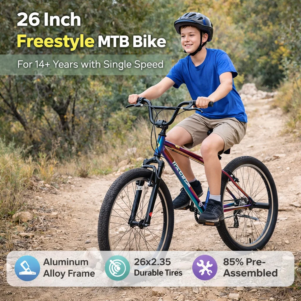 

26-дюймовые фристайл-велосипеды MTB с одной скоростью, рама из алюминиевого сплава, передние калиперные и задние V-образные тормоза, предварительно собранные, для возраста от 14 лет