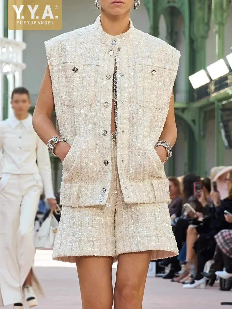 New Style Fashion Spring Summer Women Sequin Tweed Sets Classy Sleeveless Two Piece Vest Set Stylish Above Knee Length Outfits