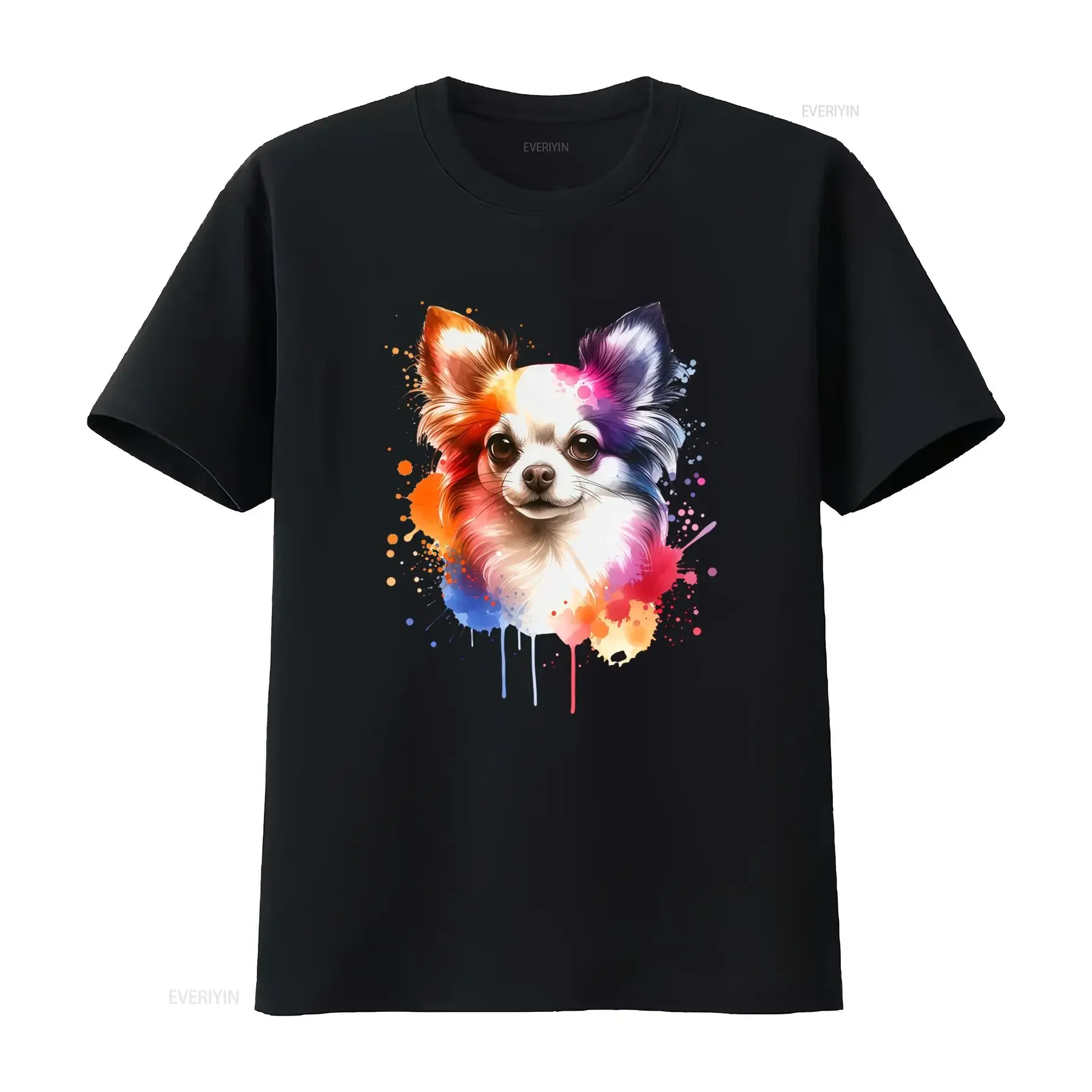 T shirt Chihuahua Arcobaleno Acquerello Ritratto Amante dei Cani Girocollo Casual Tessuto Leggermente Elasticizzato vintage