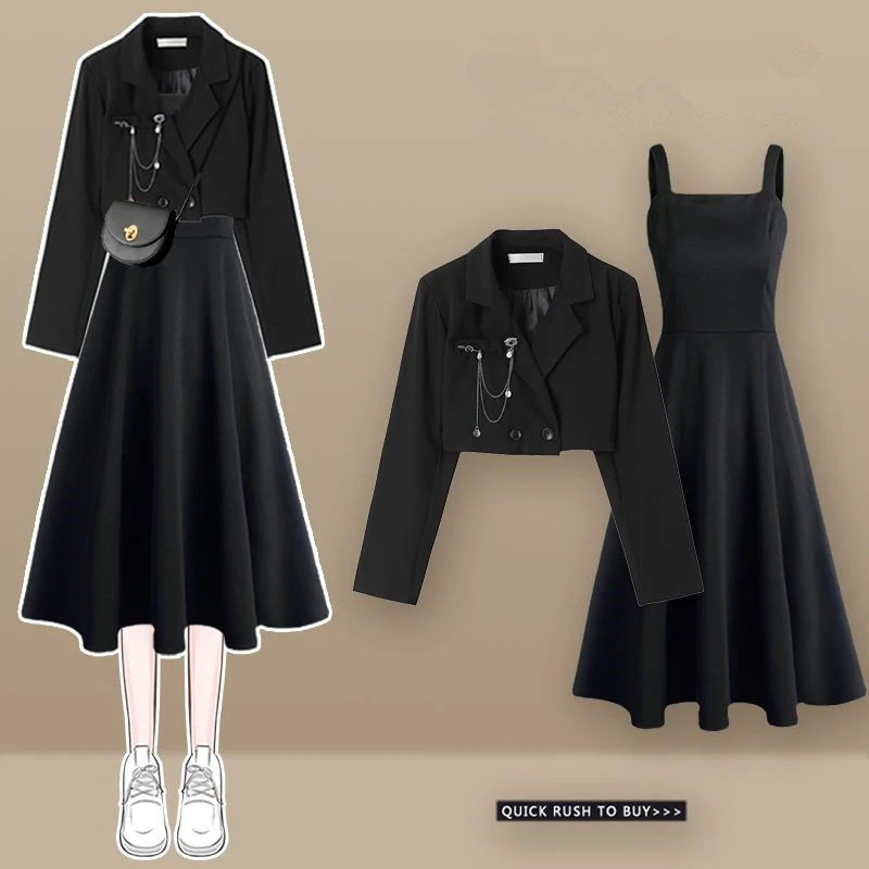 Spring Autumn Women Fashion Short Blazers Dress 1 or 2 Piece Sets Korean Lady Slim Black Suit Jacket Tank Dresses Outfits 2023