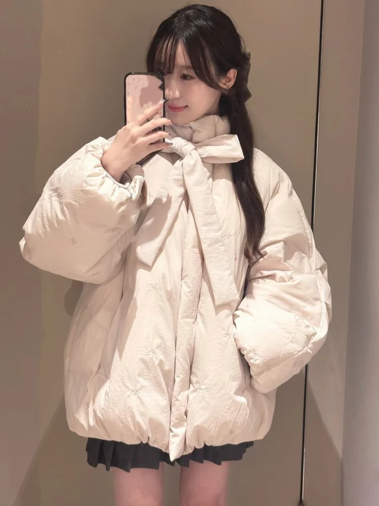 

Thickened Warm Bread Style down Jacket Sweet Knot Tied Embroidery Women's Coat Stand Collar Long Sleeve Cold Proof