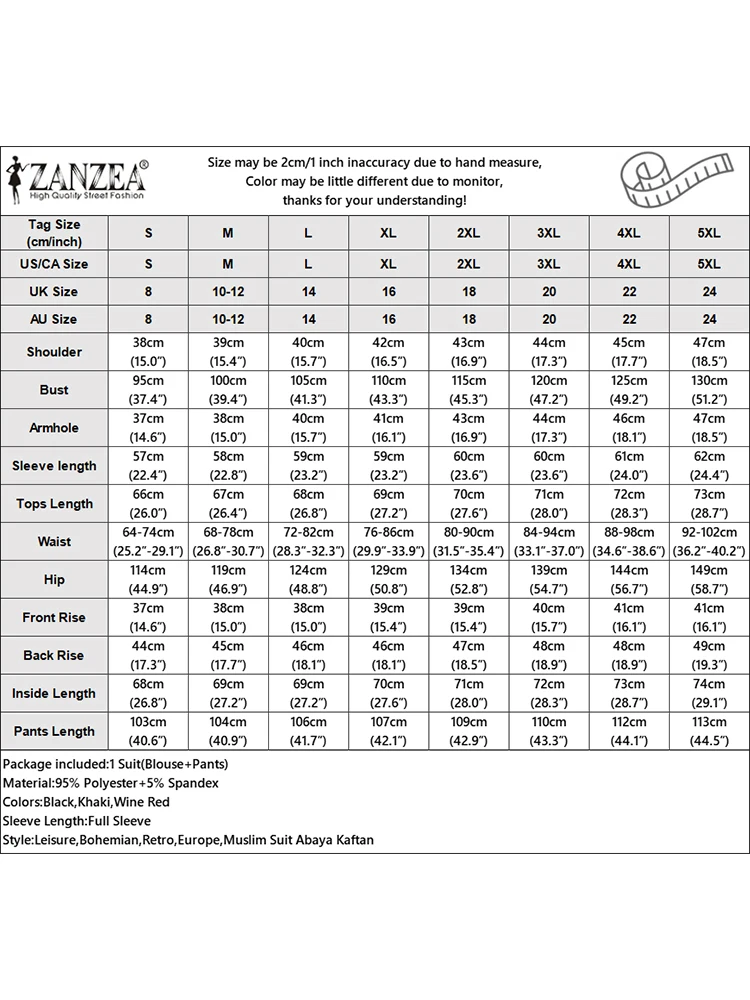 ZANZEA 2025 ฤดูใบไม้ผลิจีบกางเกงขากว้าง 2 ชิ้นชุดสไตล์มุสลิมอิสลามผู้หญิงสบายๆกางเกงชุดเสื้อแขนยาวหลวมชุด