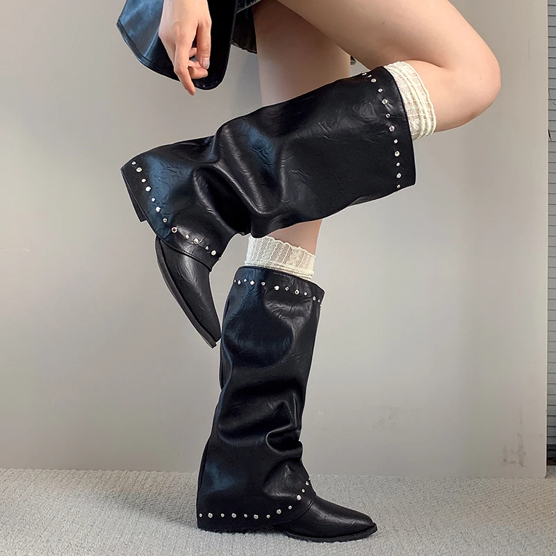 Pointed Toe Rivet Wide Calf Long Boots Women Ruched Slip On Block Heel Vintage Western Knee High Boots Ladies Fashion Footwear