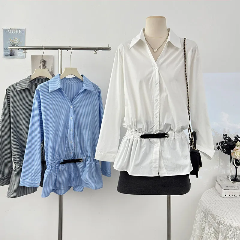 

Корейская версия: женская рубашка с длинным рукавом, воротником с полосатыми вставками, приталенная, с эффектом стройности, на одной пуговице, весна 2026
