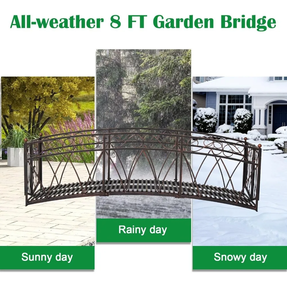 Kinbor Ponte da giardino in metallo - Ponti ad arco da giardino da 8 piedi per esterni con guide laterali e cancello di sicurezza, ponte per laghetto incatenato per esterni