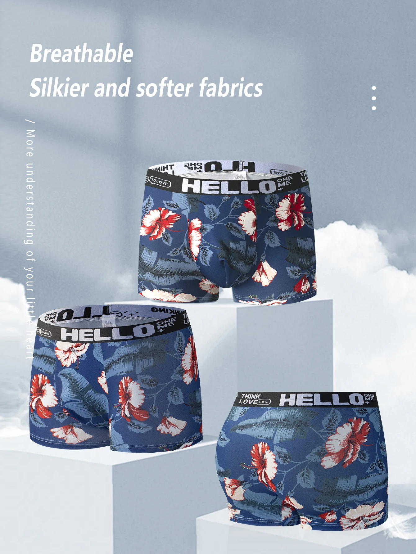 1 Pair Men\'s Flower Printed Briefs Hello Letter Waistband Fabric Soft Breathable Boxer Briefs