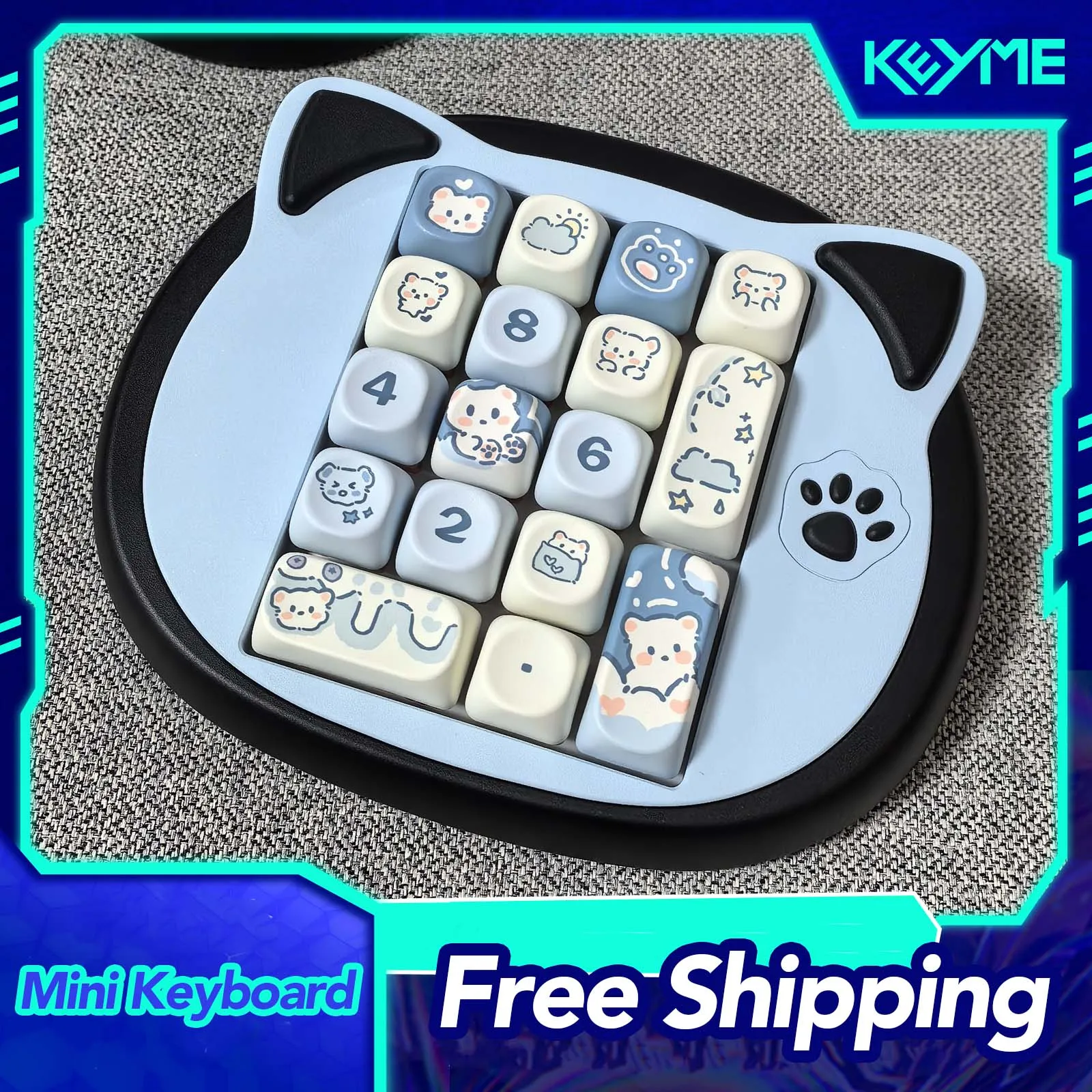 Cat Head Mini Keyboard Kit Cute Numpad Tri Mode Wired 2.4G Bluetooth Mechanical Keyboard Number Keypad Gaming Keyboards Gifts