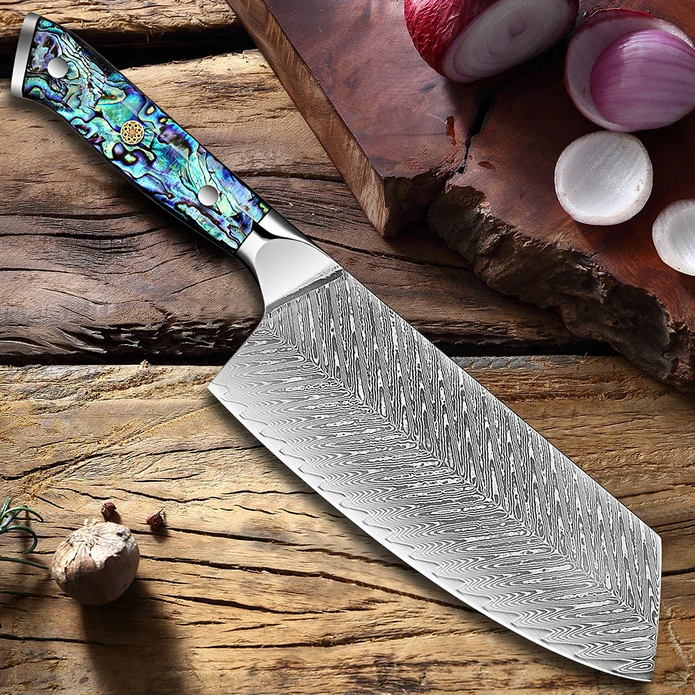 Damascus Steel Cleaver Knife 7“ Chinese Chef Knife Pro Butcher Knife Sharp Kitchen Knives Meat Vegetable Knife,Ergonomic Handle