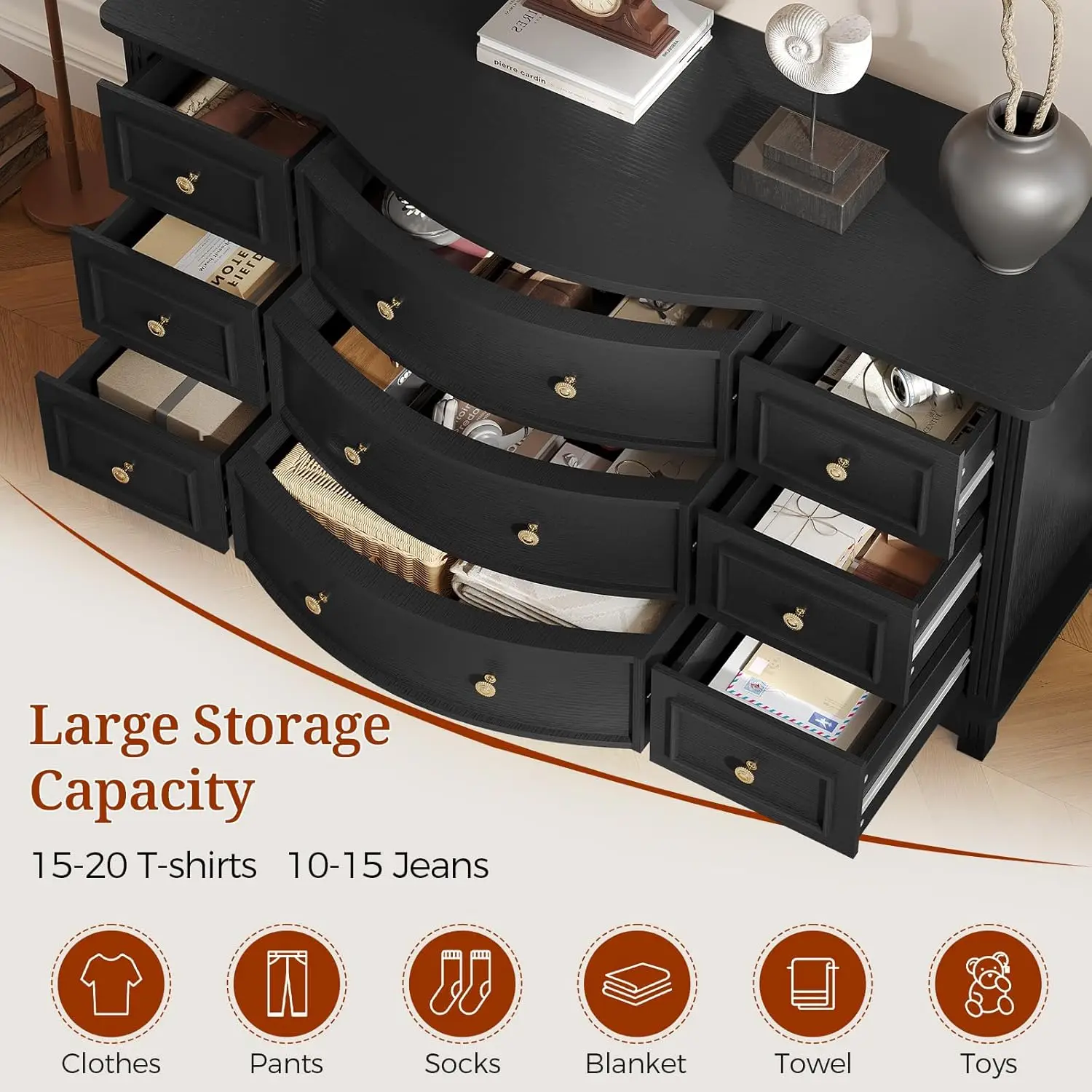 #￥9-Drawer Wide Dresser Arc Front Roman Column Bedroom Storage 55in Long, Customized view 3