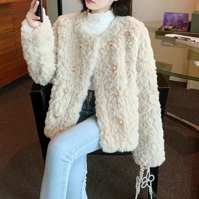 Women's Lamb wool Jacket 2025 Autumn Winter New Fashion Loose Thick Round neck Jackets Lady Small Fragrant Style Warm Outwear