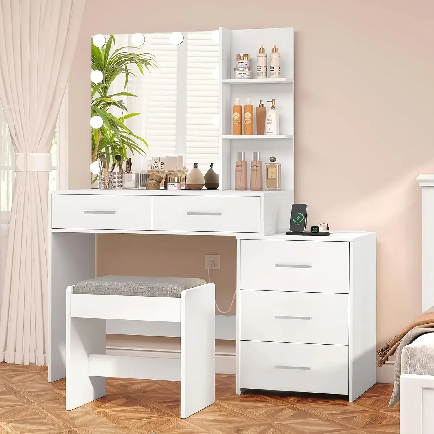 usikey Large Vanity Desk with Mirror & 10 LED Lights, Makeup Vanity Dressing Table with Power Strip, Storage Shelves.