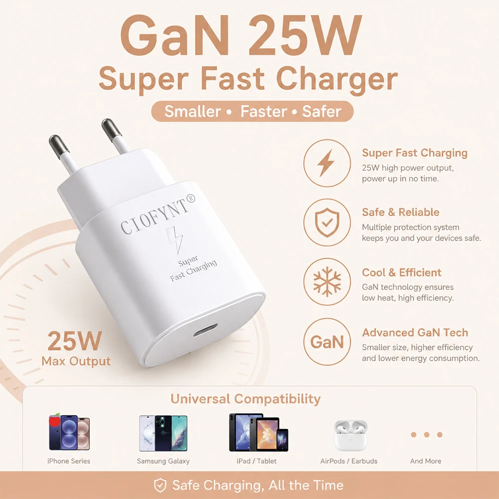 CIOFYNT 25W GaN USB-C Fast Charger, PD 3.0 Wall Charger, EU Plug Compact Power Adapter for iPhone 15 Samsung Galaxy