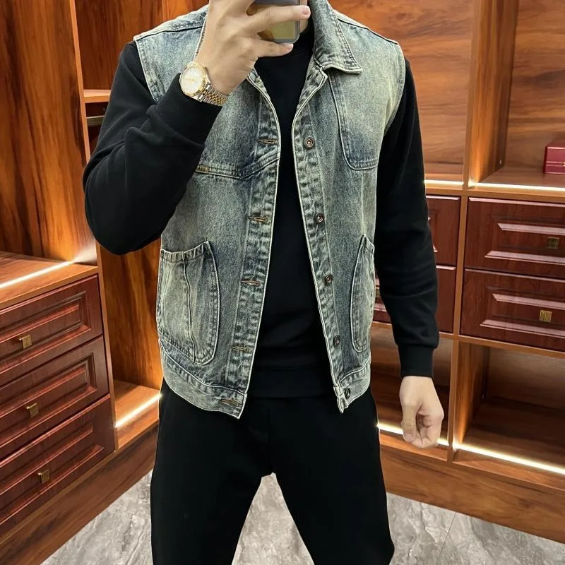 Vintage American Denim Vest for Men Loose Fit Collared Jacket with Zippered Pockets Layering Essential for Spring Autumn​