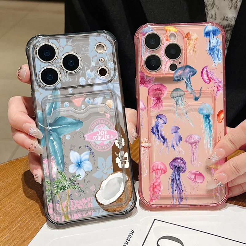 Card Slot Pocket Clear TPU Case For iPhone 17 16 Pro 17e 16e 15 14 13 Pro Max 11 Jellyfish Shark Print Soft Silicone Phone Cover