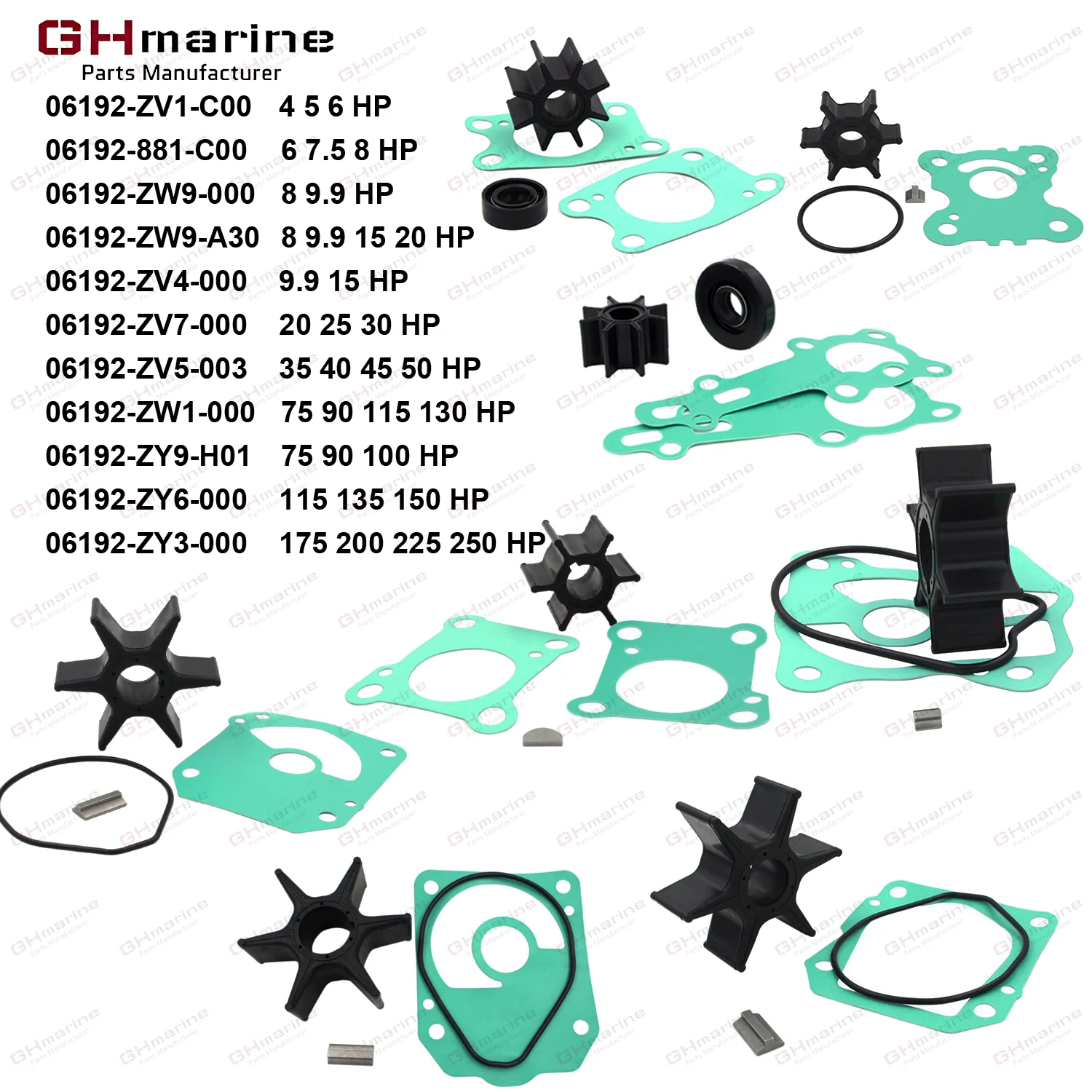 Outboard Water Pump Impeller Service Kit 06192 ZW9 A30 Replace Honda 4 5 6 7.5 8 9.9 15 20 25 30 40 50 75 90 100 115 130 -250 HP