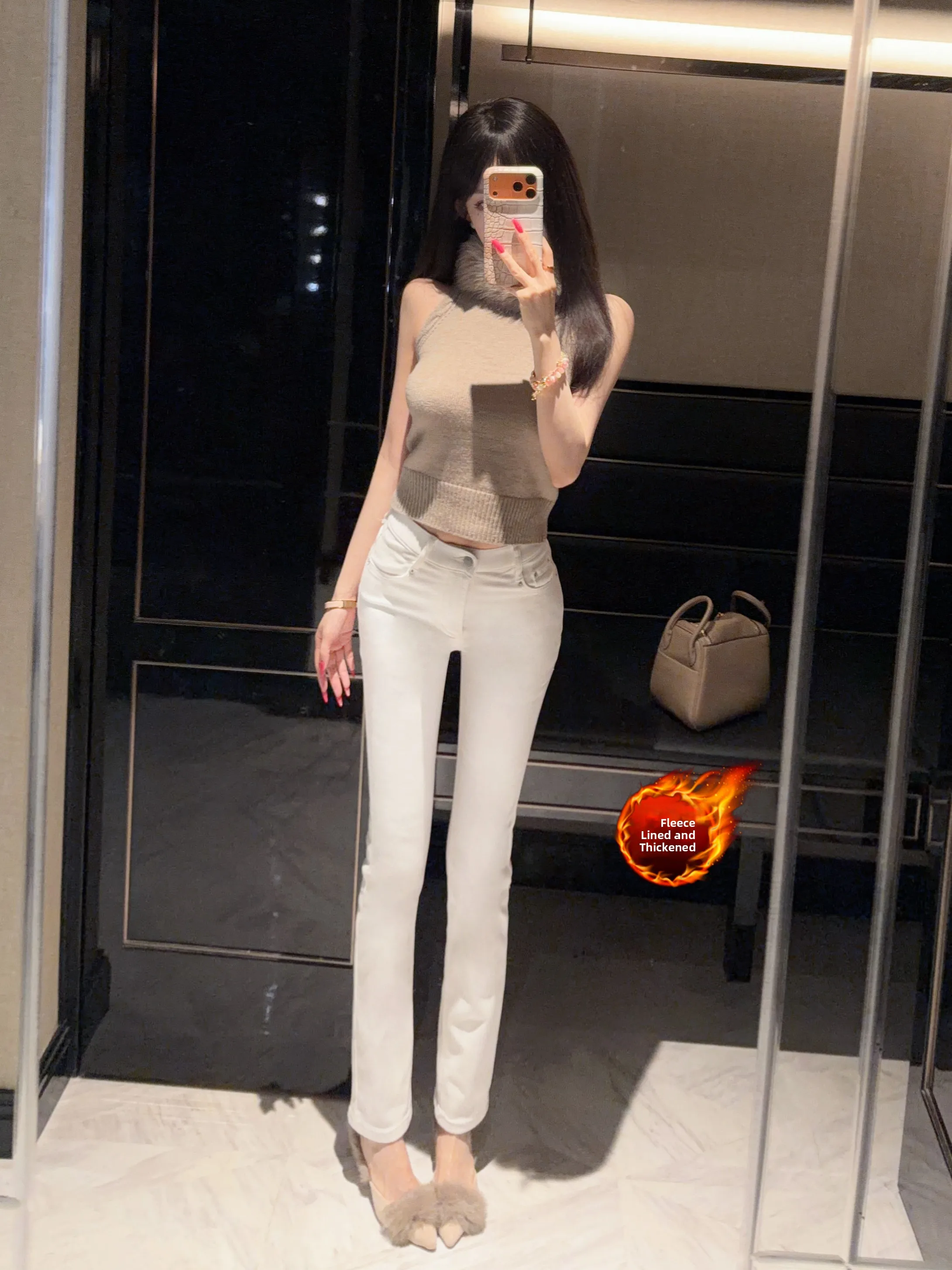 

Autumn Winter Fce Lined Slim Fit High Waist Straight Leg Nine Tenth Length Jeans Ladies Faion Vintage Sle Bootcut Pants