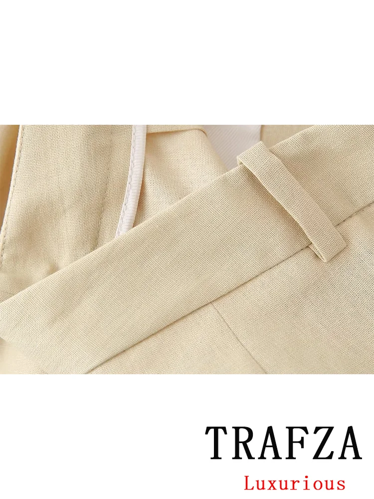 TRAFZA Vintage Office Lady Solid Women Suit Bow V-Neck Vest Straight Zipper Button Loose Pants New Fashion 2024 Summer Sets