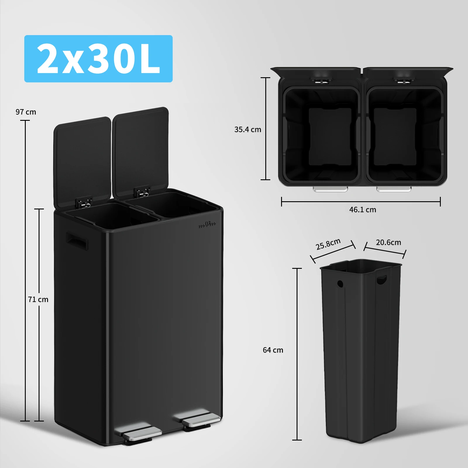 mVm Trash Can Stainless 60L/40L/45L Kitchen Step Trash Bin for Recycling Waste Sorting Soft Close Lid Double Lid