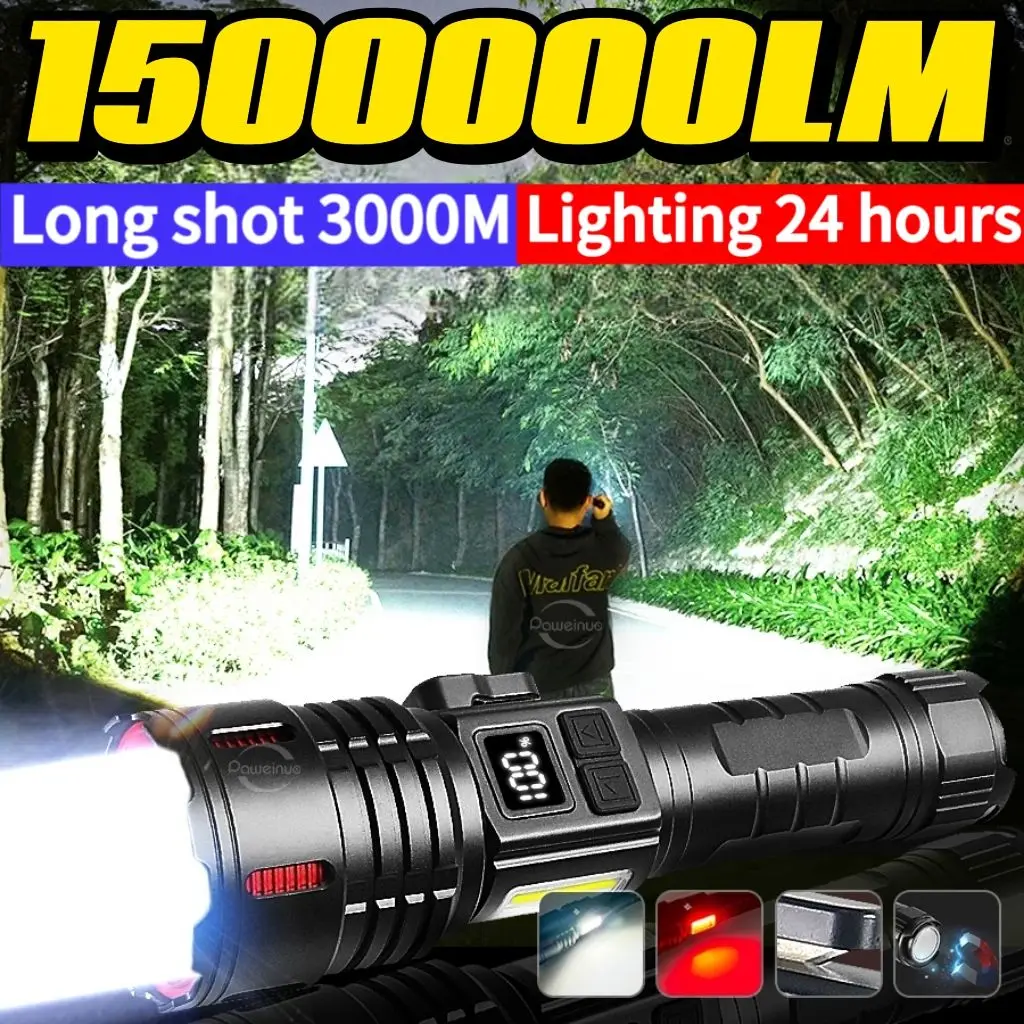 1500000 Lumens Portable Rechargeable LED Flashlight Magnetic Light With Side Knife Tactical Torch Camping Lantern Fishing Light
